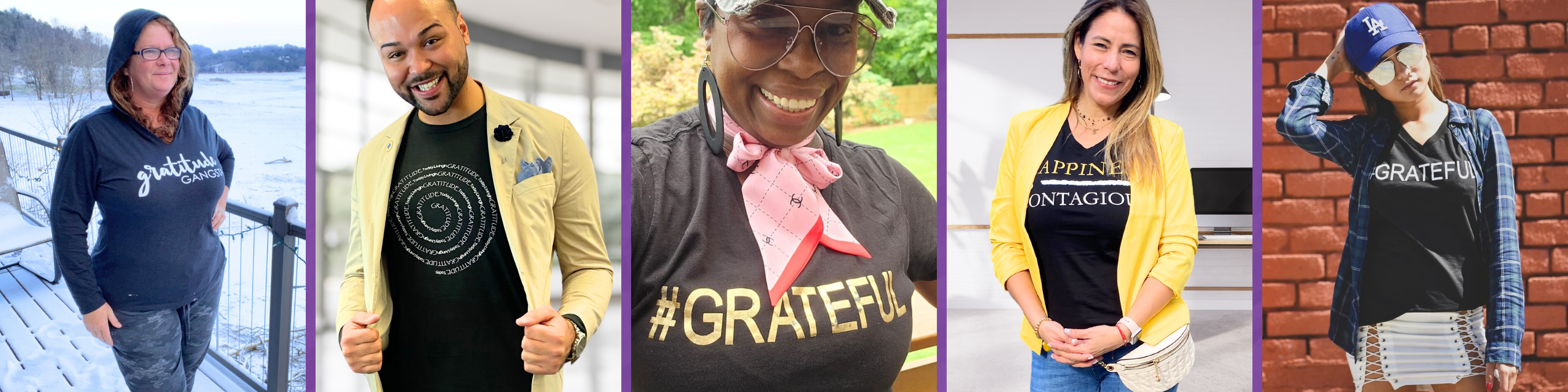 Woman in a gray hoodie in the snow. man wearing a long sleeve spiral shirt and a sports coat,  woman wearing a black and gold grateful shirt, woman wearing jeans and a happiness is contagious shirt under a yellow blazer, woman wearing a blank grateful shirt with a mini shirt